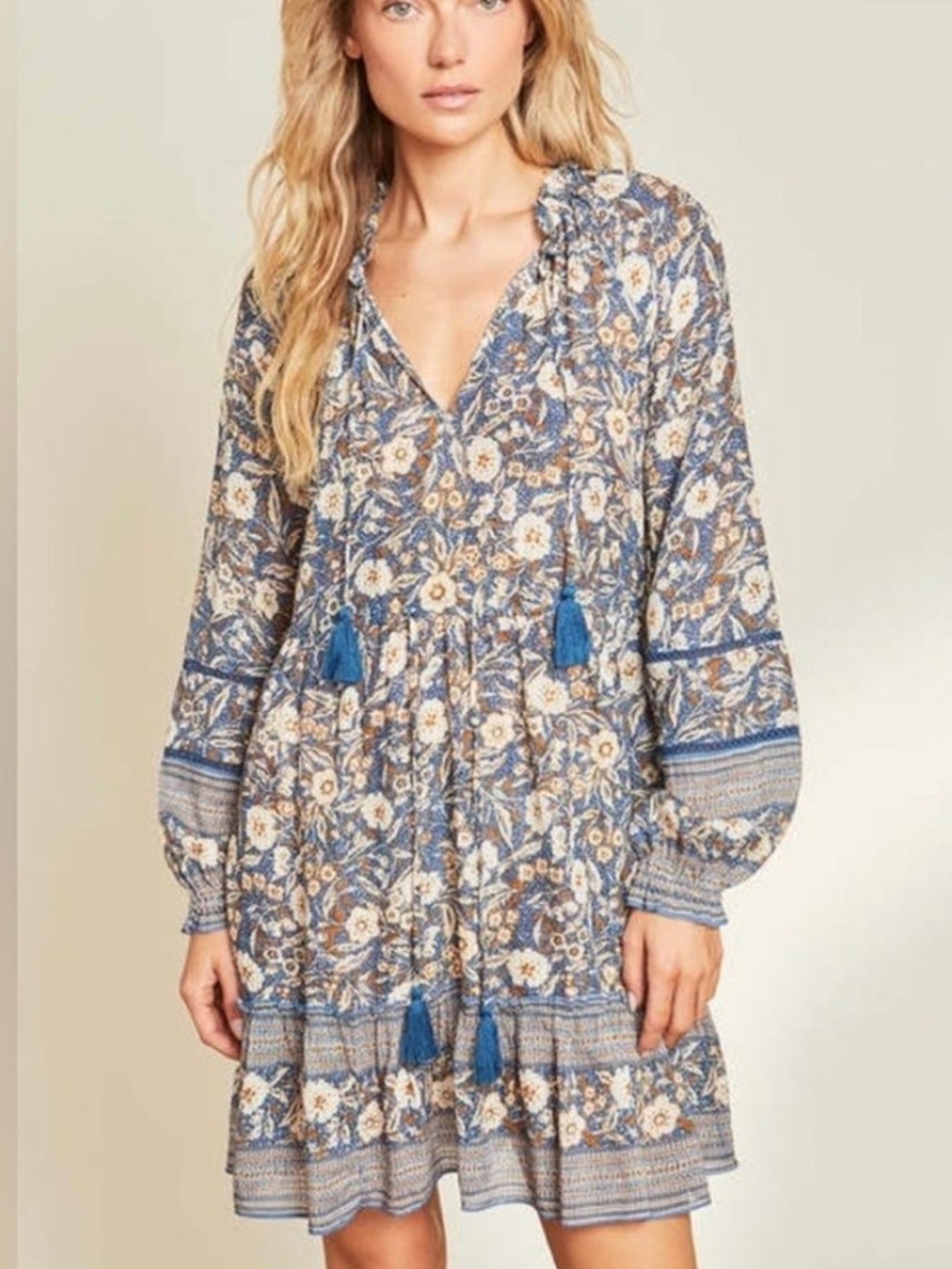 Veronica Beard Danica Floral Tiered Blue Tassel Dress